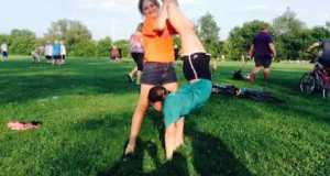 Olivia and I doing Cheerleading and gymnastics at the football field